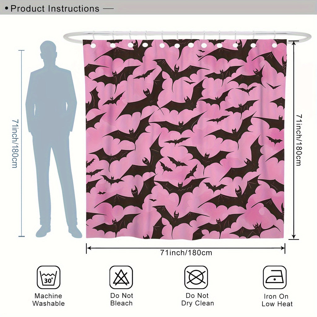 1/4pcs Halloween Bat Spooky Gothic Pink Black Shower Curtain Set with Shower Curtain and Rugs Polyester Waterproof Machine Washable for Halloween Bathroom or Shower Decor with 12 Hooks Non-slip Bath Mat U-shape Toilet Lid Cov