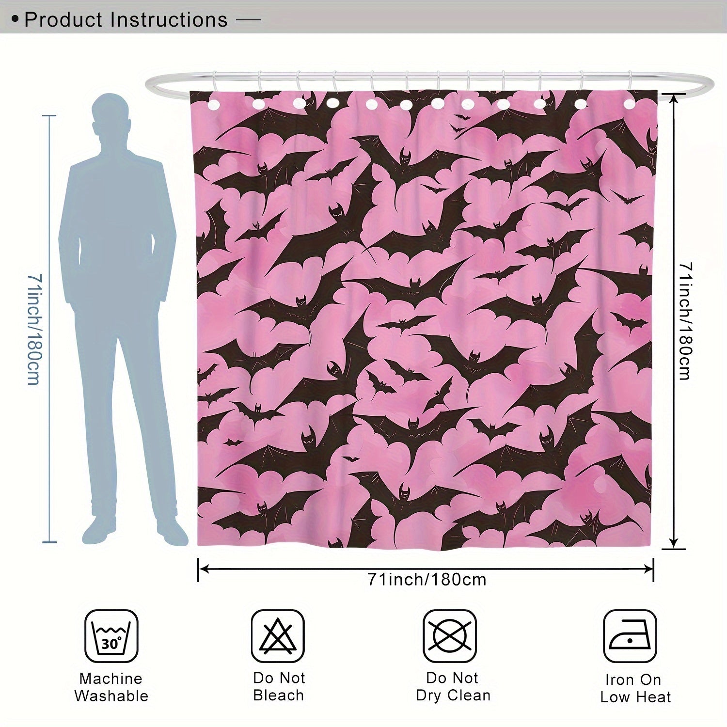 1/4pcs Halloween Bat Spooky Gothic Pink Black Shower Curtain Set with Shower Curtain and Rugs Polyester Waterproof Machine Washable for Halloween Bathroom or Shower Decor with 12 Hooks Non-slip Bath Mat U-shape Toilet Lid Cov