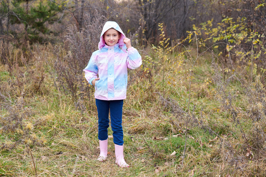 Vibrant Gradient Rain Jacket for Kids - Waterproof, Lightweight, Fleece Lined, Hooded, Windbreaker Coat with Removable Hood for Girls - Perfect for Outdoor Play and School Days