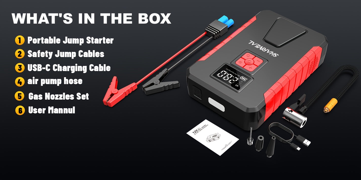 SHARMEAL 4500A Peak Automotive Jump Starter & 150PSI Tire Inflator, Air Compressor Car Jump Starter,