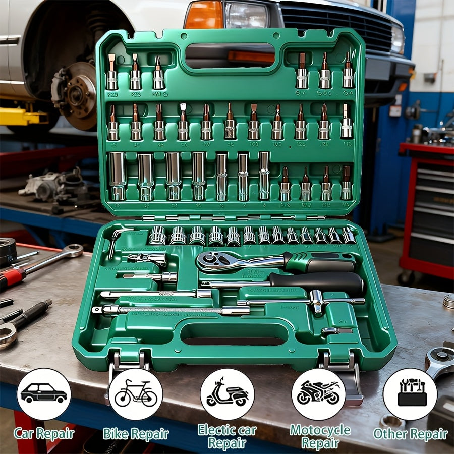 899/52+1 Tool Set, Portable 4-Layer Tool Box with Wheels for Easy Pushing and Pulling, 1/4" Drive and Standard Socket, Multi-Functional Tool Box for Automotive Repair