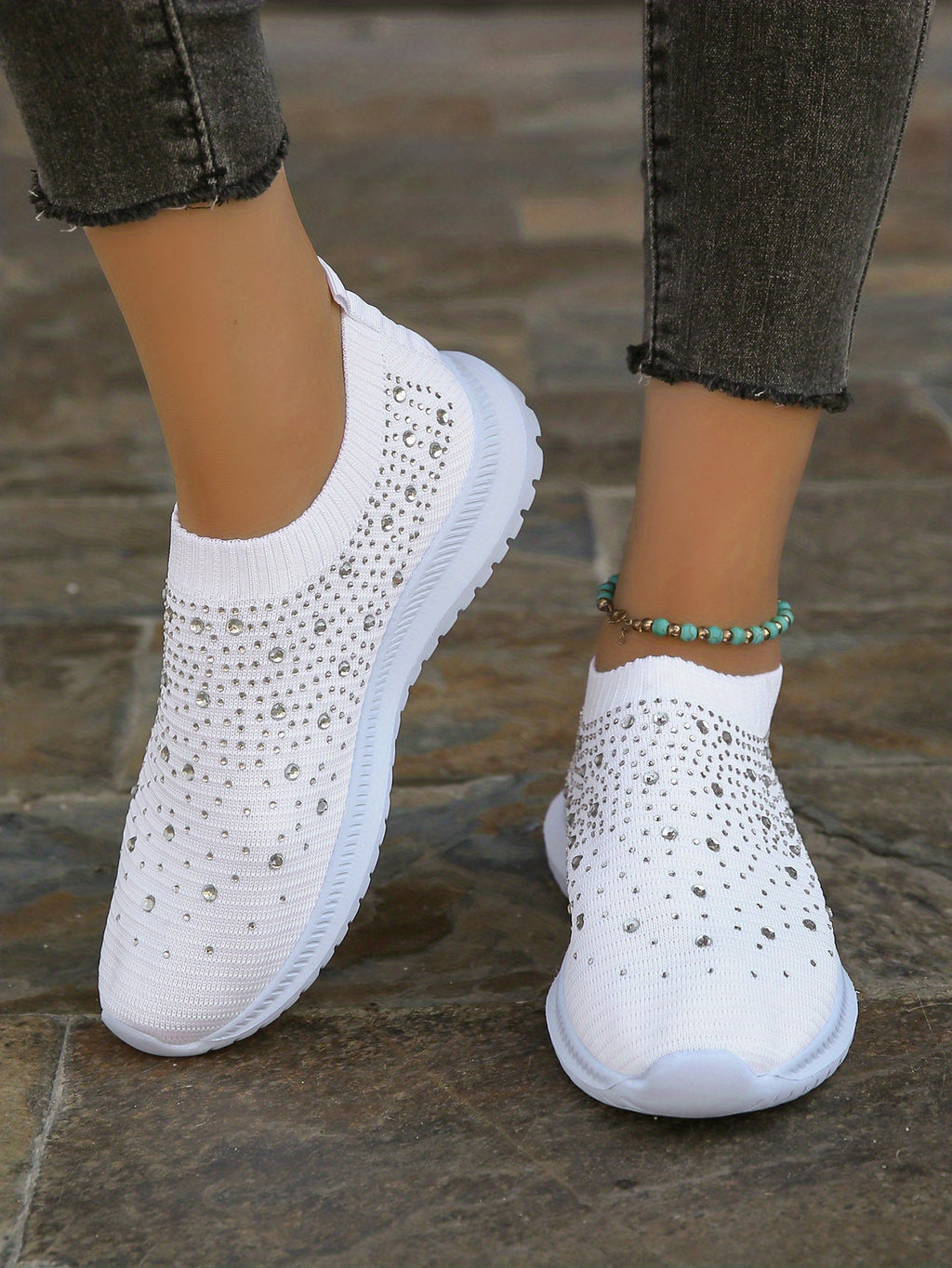 Women's Rhinestone Decor Slip-on Sneakers, Fly Woven Sports Shoes, Breathable Low Top Walking Shoes For Music Festival