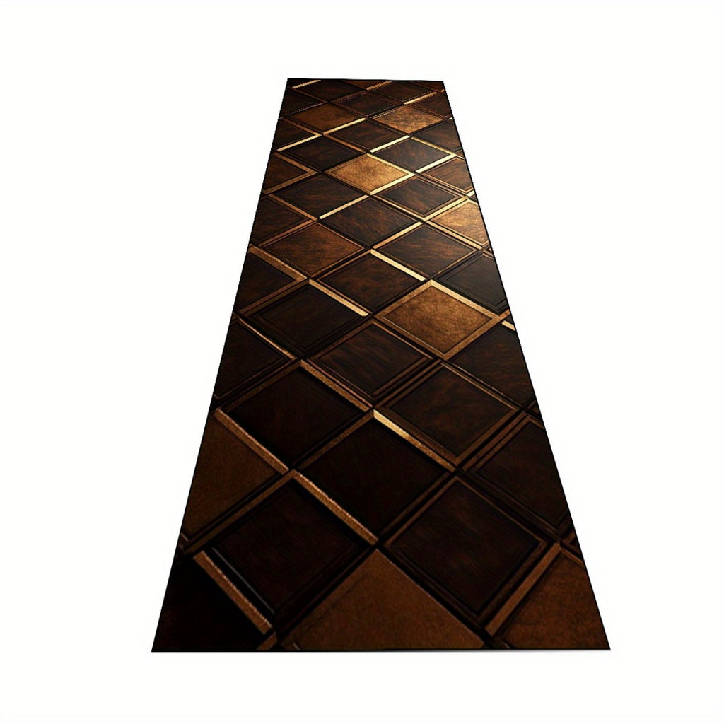 1pc Elegant Geometric Printed Long Entryway Rug - Dark Brown & Golden Rectangular Mat for High-Traffic Areas, Durable Polyester, Hand Wash Only, Machine-Made, Perfect For Home & Office Decor, Rugs For Living Room, Office Floo
