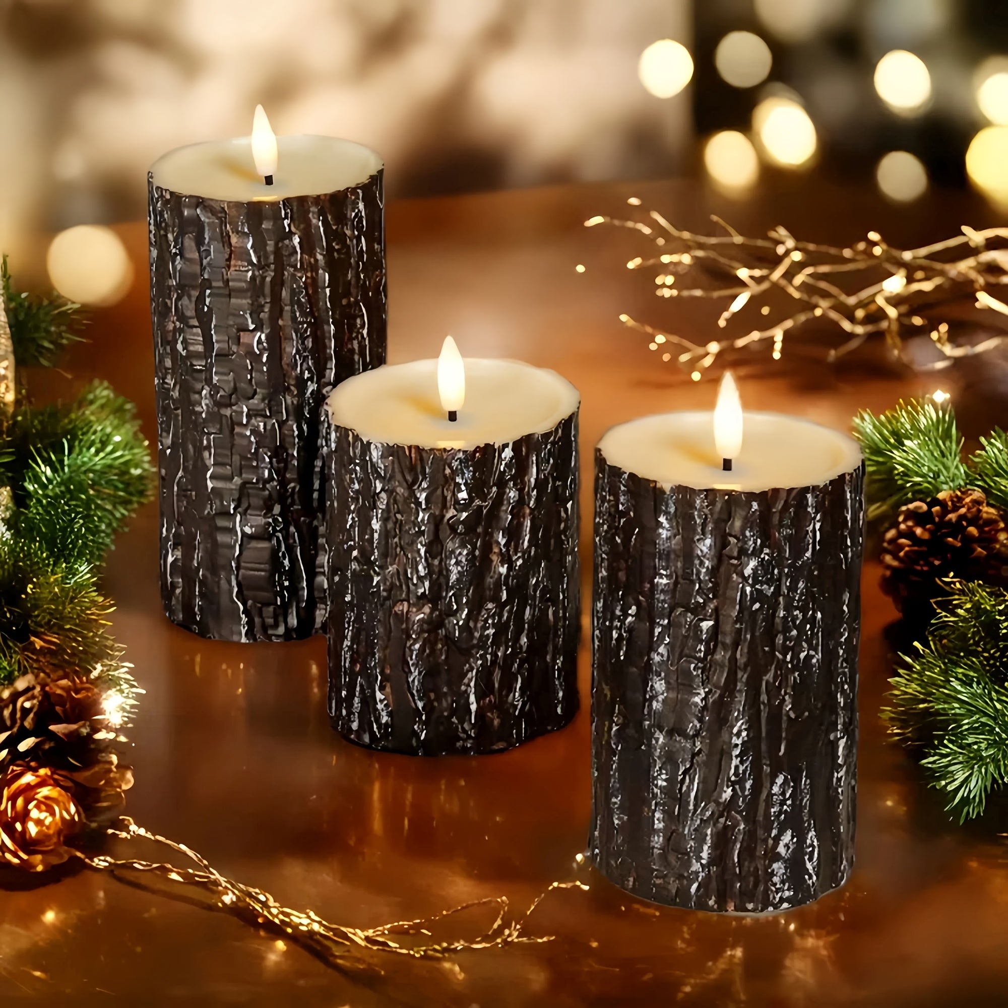 3pcs Rustic Wooden Flameless Candle Set - Artificial Tree Design, Battery Operated, Festive Tabletop Decor for Wedding, Easter, Mother'S Day, Fireplace Mantel, No Battery Included, Seasonal Celebration Decor | Natural Wood Fi