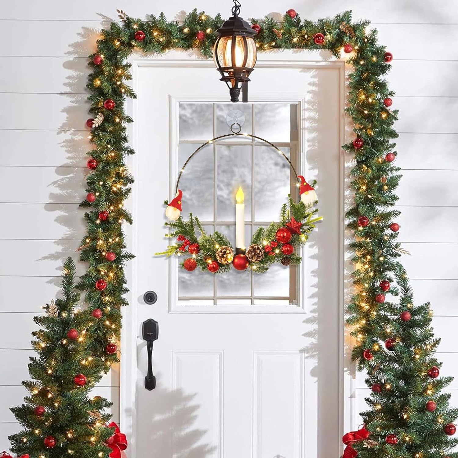 2-Pack ASPMIZ Traditional Christmas Wreaths with LED Lighted Taper Candles, Remote Control, Berries, Pine Cones - Wall Hanging Decor for Holiday, Winter - Plastic, Requires 2 AA Batteries (Not Included)