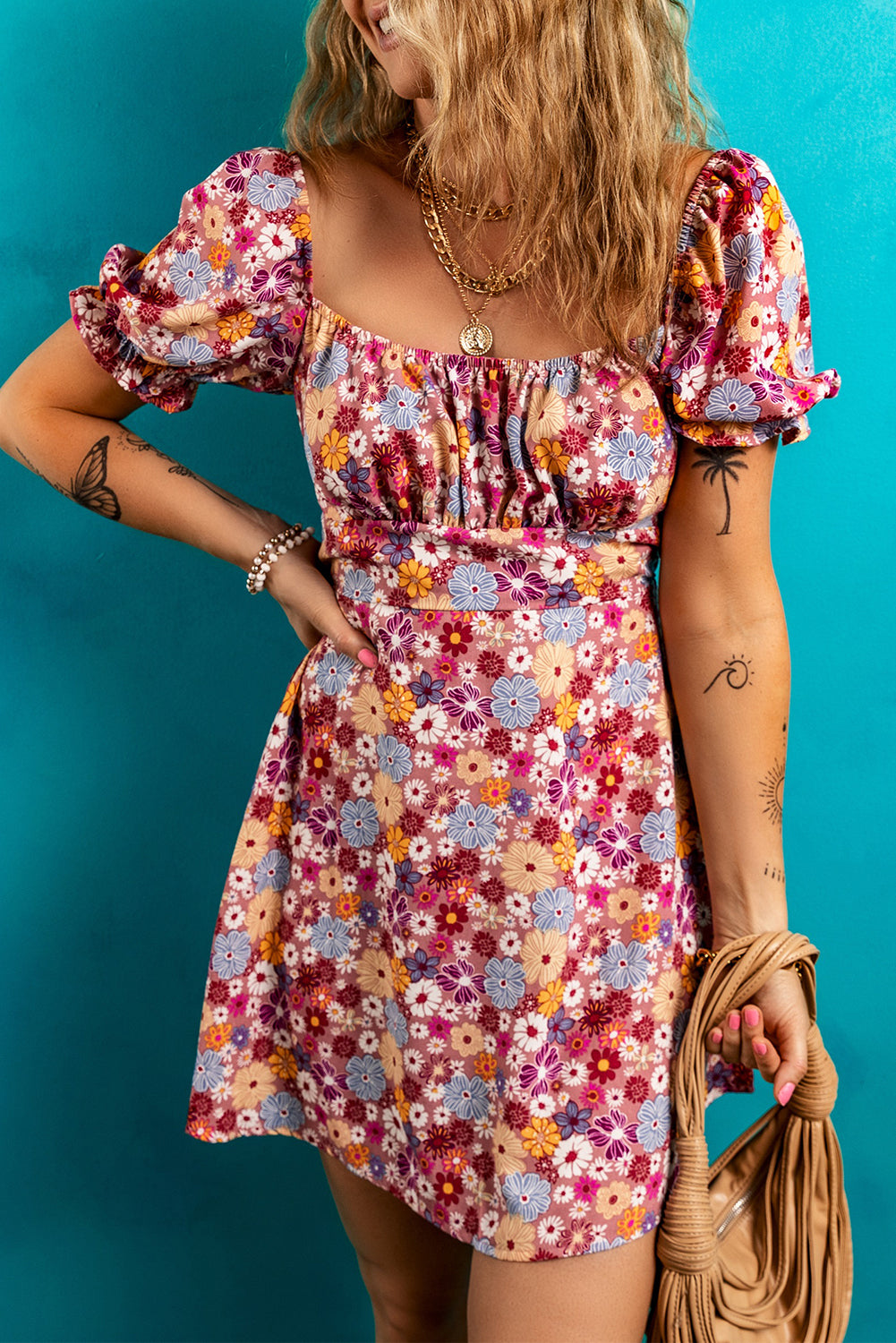 Red Floral Knot Back Dress FB