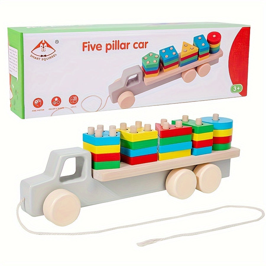 Children's wooden toys for early education, children's shape matching puzzle car, wooden trailer toy, baby shape recognition toy car, holiday gift