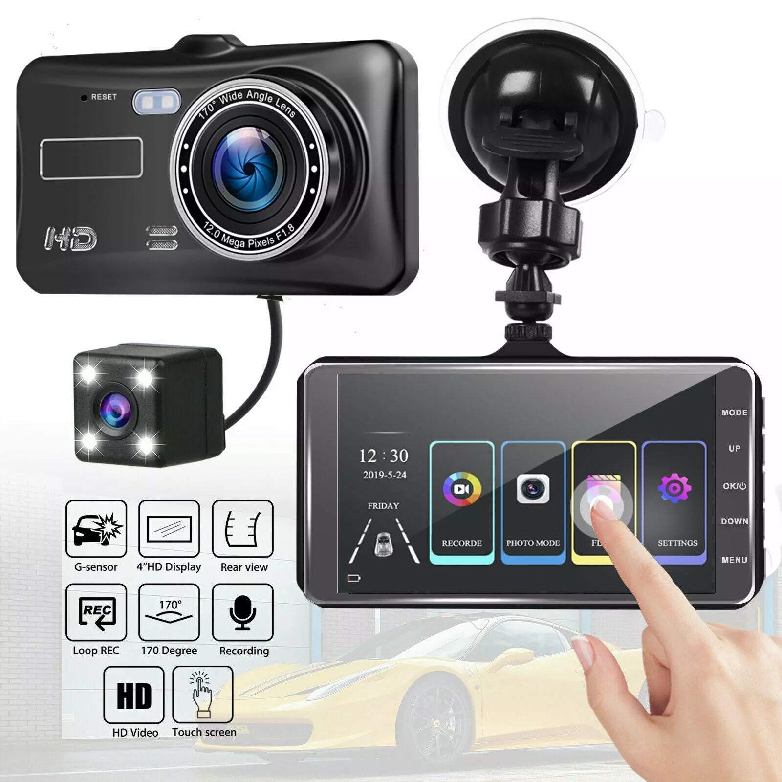 HD 1080P Night Vision Dash Cam - CAR DVR Car Video Recorder - Front And 720P Rear Camera Vehicle Black Box Driver Recorder