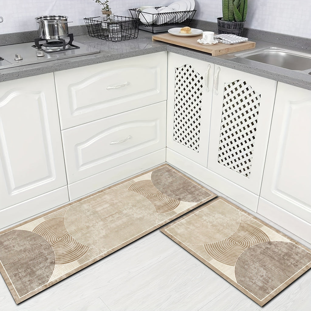 2pcs Beige/Brown Diatomite Kitchen Rugs - Soft Quick-Dry Absorbent Runner Mats with Beige/Brown/Gray Striped Pattern, Non-Slip Rubber Backing, Machine Washable Mat for Hallway, Bathroom, Laundry Room & Sink Areas (Modern Beig