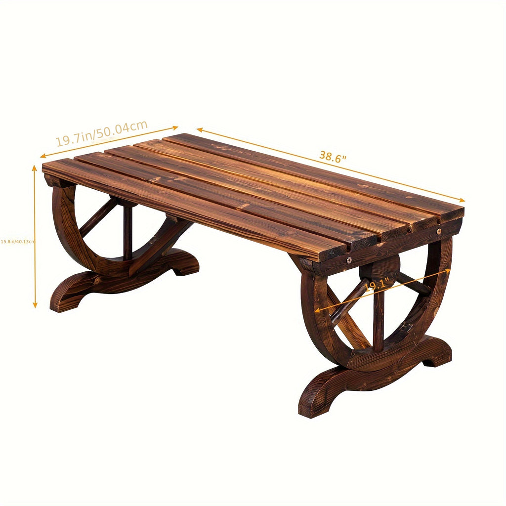 Outdoor 2-Person Rustic Hardwood Garden Bench with Wagon Wheel Design - Heavy-Duty Brown Wood Construction, Sturdy Wide Seat & Curved Backrest for Patio, Porch, Backyard - Durable All-Weather Furniture (No Batteries/Electrici