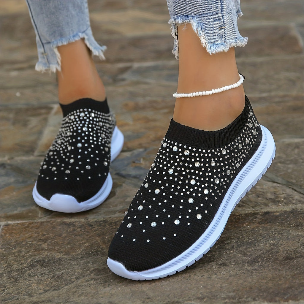 Women's Rhinestone Decor Slip-on Sneakers, Fly Woven Sports Shoes, Breathable Low Top Walking Shoes For Music Festival