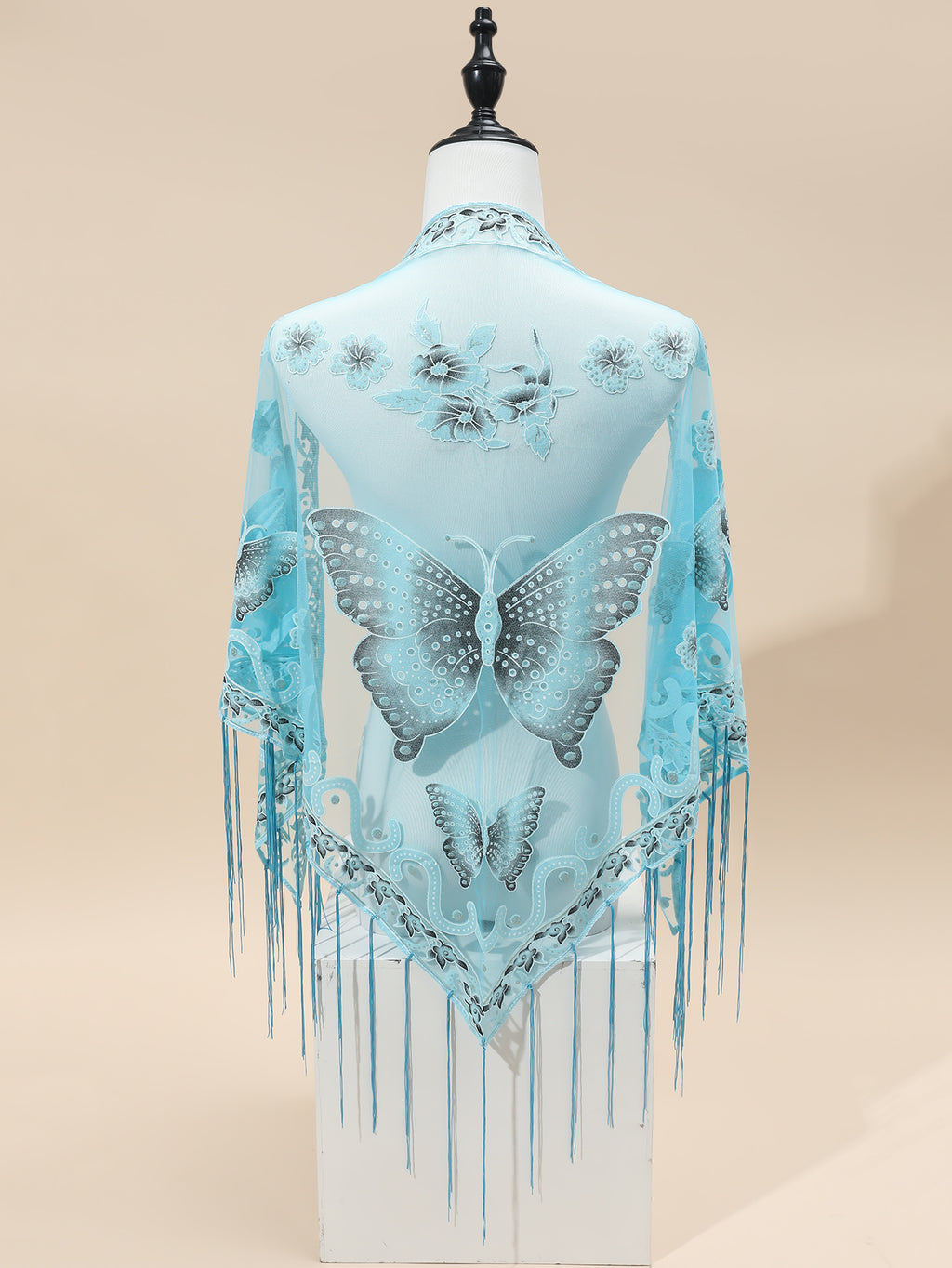 [Elegant Scarf] Elegant Breathable Triangle Scarf - 29.5"×55.1" Butterfly Flower Embroidery Lace Tassel Shawl Windproof Wrap Outdoor Accessories