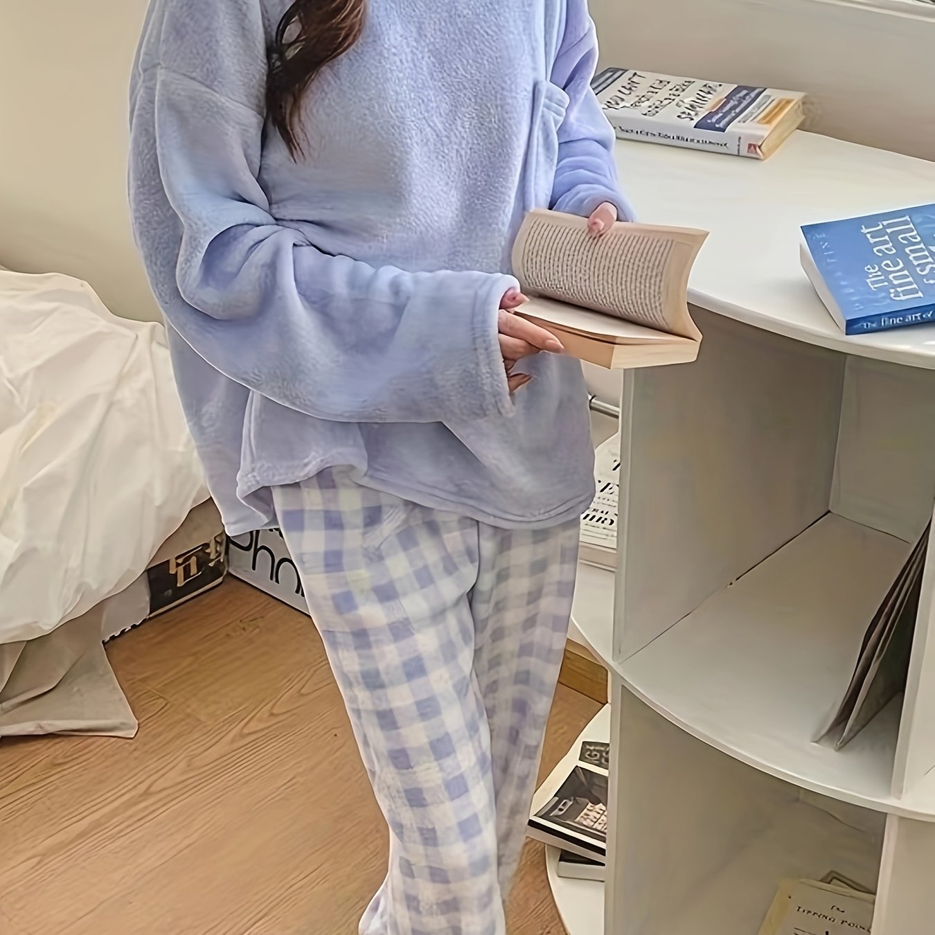 Winter Warm Velvet Pajama Set, Plaid Pattern Pajama, Solid Color Casual Home Wear Set