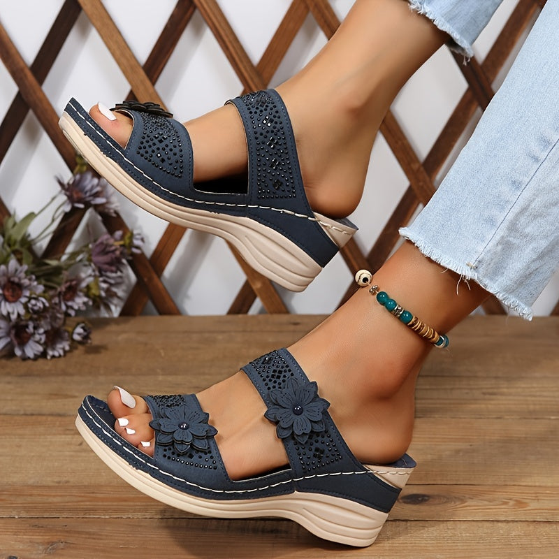 Women's Flower & Rhinestone Wedge Slippers, Solid Color Open Toe Non Slip Arch Support Slides Shoes, Casual Retro Sandals