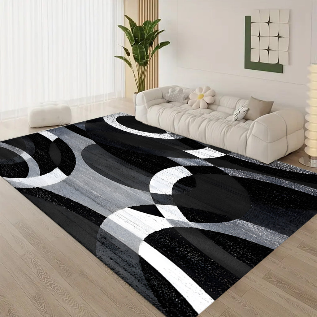 850gsm Velvet Area Mat - Modern Abstract Black & White Circular Pattern, Machine Washable Non-Slip Thick Pile, Ultra-Soft Durable Mat for Living Room Bedroom Entryway, Contemporary Home Decor, Large Area Rugs Living Room, Ent