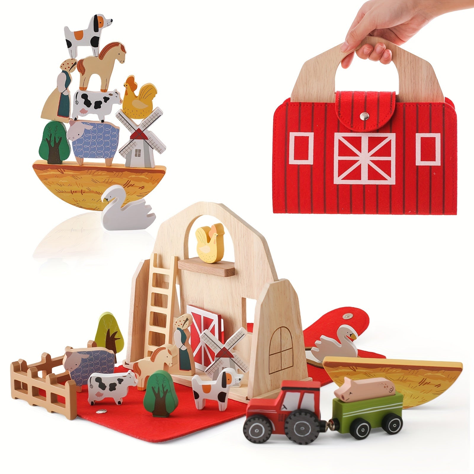18pcs Farm Animals Barn Toys, Wooden Montessori Stacking For Toddlers Red Barn Toys Little People Farm Animal Toys Farm Pretend Playset With Barn & Farmer, halloween, christmas gift