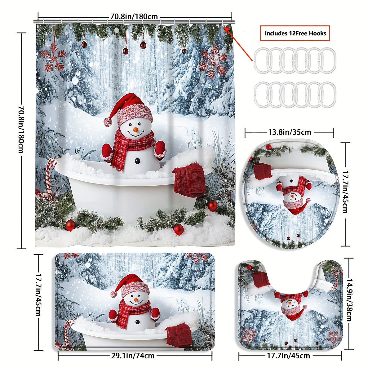 4pcs Christmas Shower Shower Curtain - Waterproof Curtain Set With Non-Slip Rugs, Toilet U-Shape Mat, Toilet Seat Cover, Machine Washable Bathroom Decoration Curtain Set With 12 Hook, Christmas Theme Bathroom Accessories