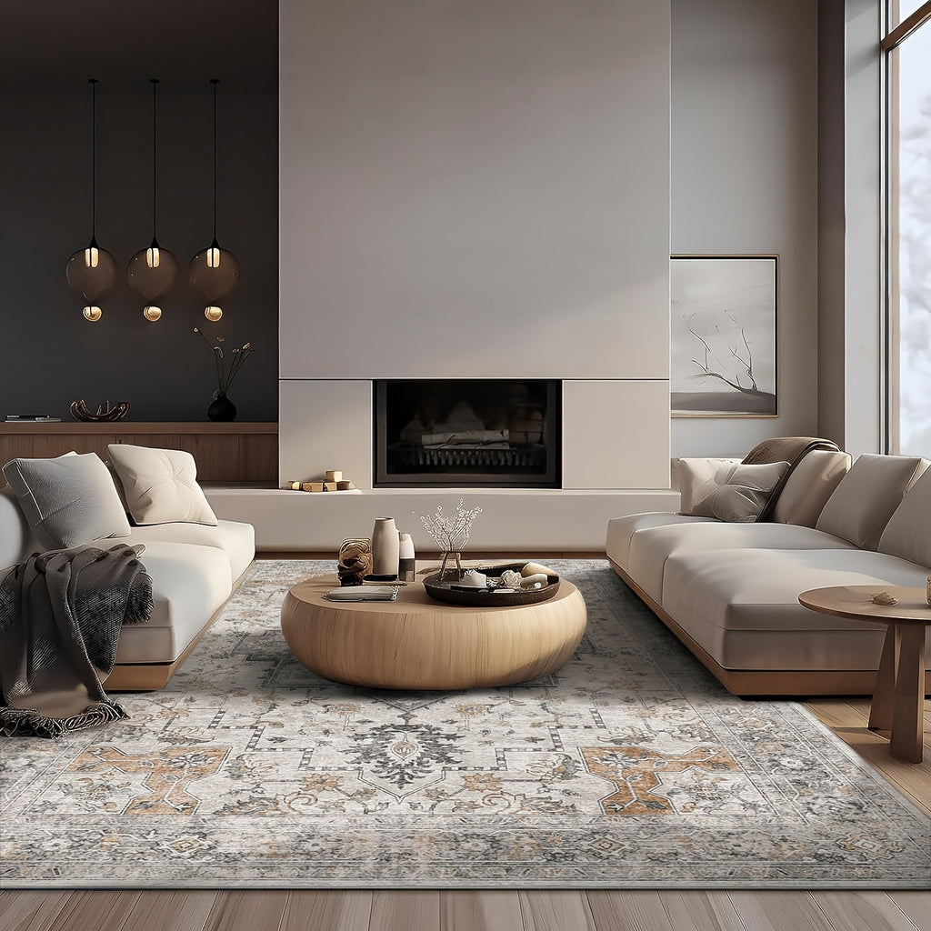Area Rugs for Living Room, Machine Washable Non Slip Vintage Retro Rugs, Low Pile Lightweight Chenille Print Rug for Bedroom, Dining Room, Home Office, Light Taupe Brown