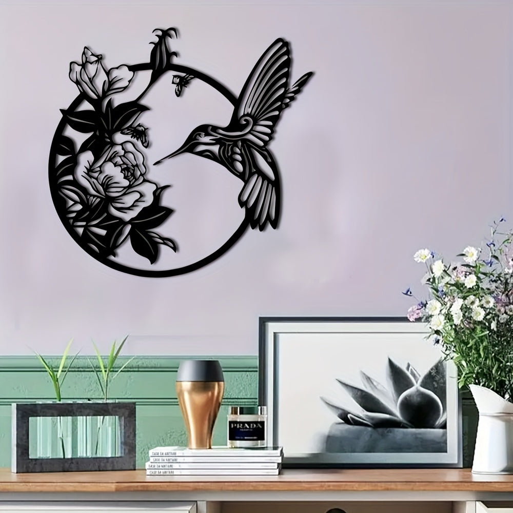 1pc Exquisite Hummingbird Metal Art Deco Wall Decoration - 3D Rustic Black Circular Bird & Floral Design with Intricate Details - Ideal Indoor Outdoor Garden Home Decor Accent