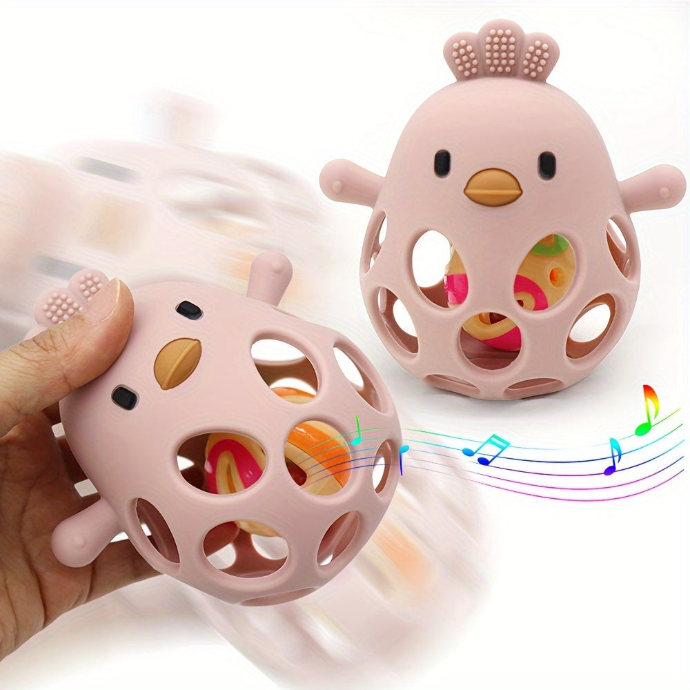 Baby Teething Toy With Bell Rattle, Silicone Teether Mitten For Babies Over 3 Months Anti Dropping Wrist Hand Teethers Glove Baby Chew Toys For Sucking Needs, BPA Free (Dark Pink)