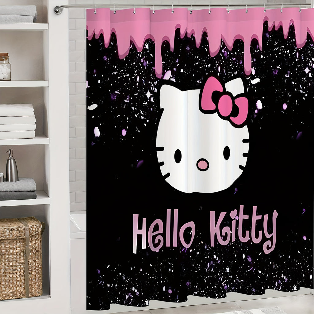 Sanrio Hello Kitty Shower Curtain Sets with Rugs and Hooks, Cartoon Themed Washable Polyester Bathroom Decor, Knit Weave Machine Washable Accessories, All-Season Home Decor Curtain and Mat Set