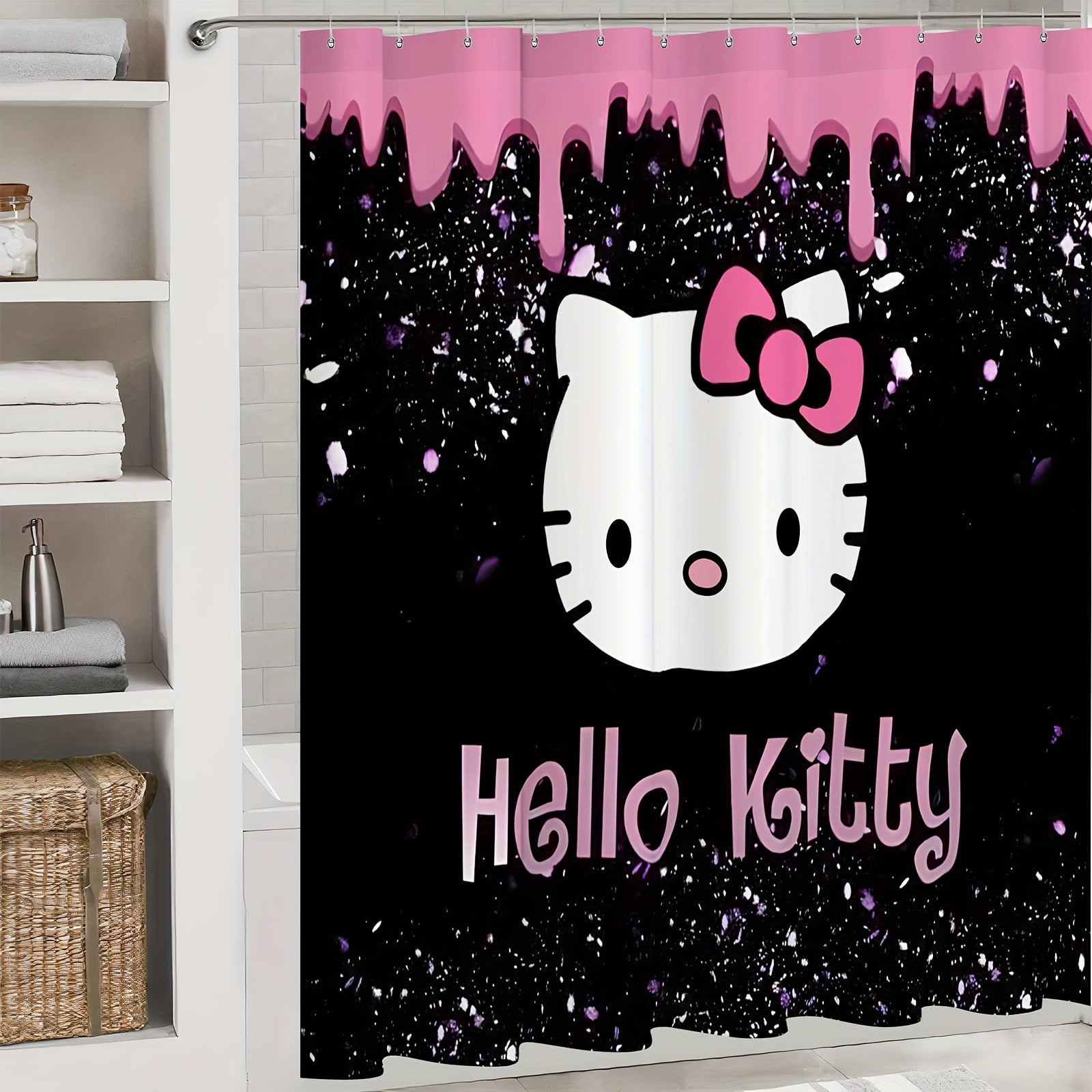 Sanrio Hello Kitty Shower Curtain Sets with Rugs and Hooks, Cartoon Themed Washable Polyester Bathroom Decor, Knit Weave Machine Washable Accessories, All-Season Home Decor Curtain and Mat Set