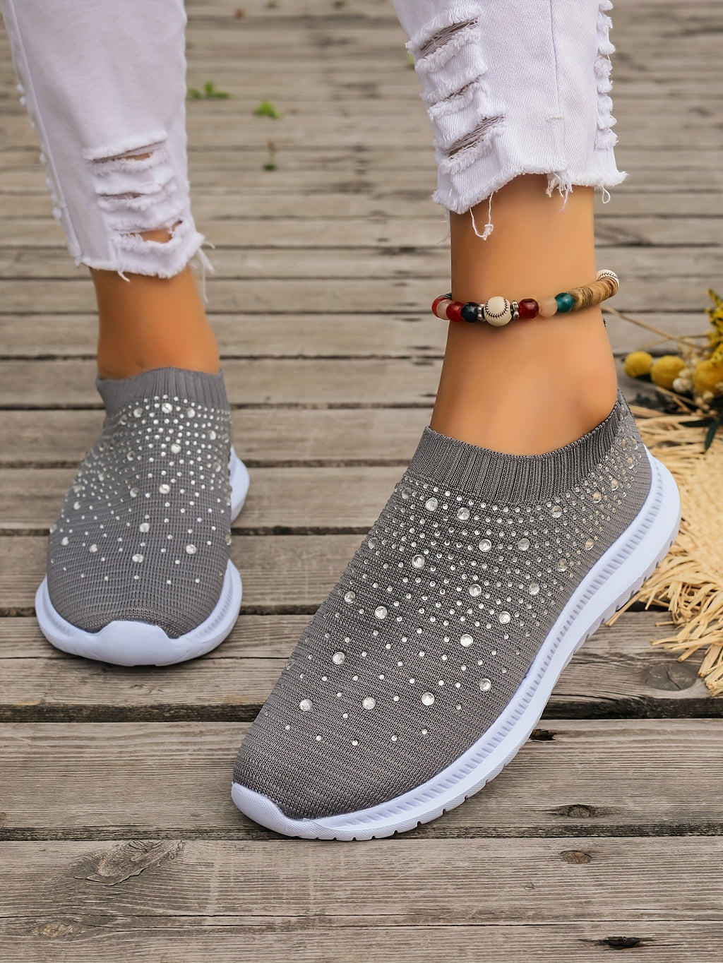 Women's Rhinestone Decor Slip-on Sneakers, Fly Woven Sports Shoes, Breathable Low Top Walking Shoes For Music Festival