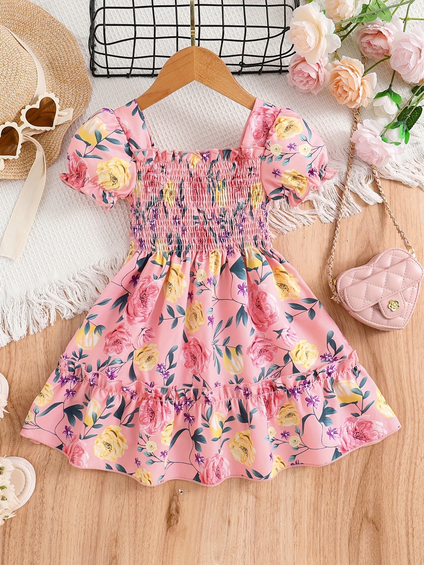 Girls Puff Sleeve Floral Shirred Ruffled Hem Party Dress Kids Summer Clothes