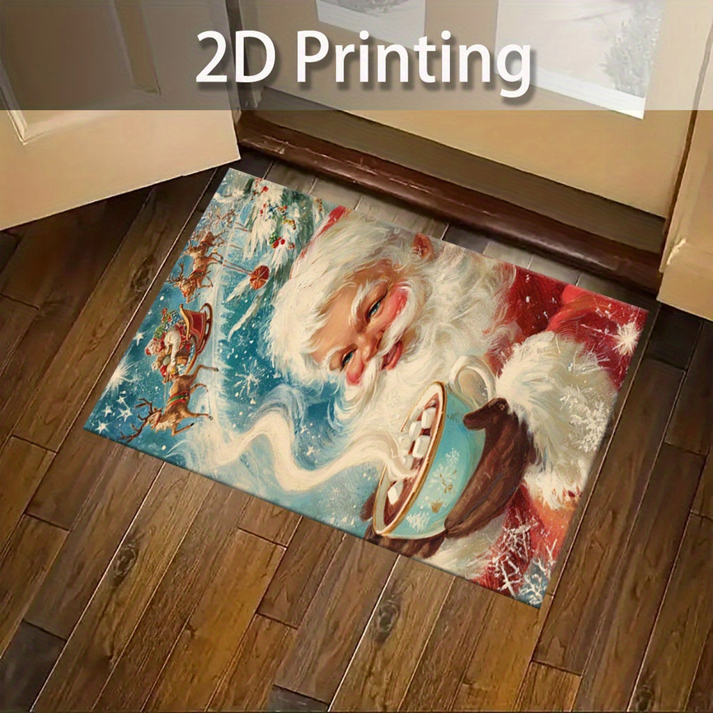2D Flat, 2D Printing Christmas Santa Claus Hot Cocoa Rug Set - Non-Slip Kitchen Mat with Santa, Mrs. Claus, Snowman, Reindeer, Snowflakes, Tree & Candle Design, Festive Holiday Decor for Home & Restaurant, Christmas Rugs