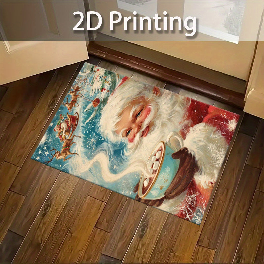 2D Flat, 2D Printing Christmas Santa Claus Hot Cocoa Rug Set - Non-Slip Kitchen Mat with Santa, Mrs. Claus, Snowman, Reindeer, Snowflakes, Tree & Candle Design, Festive Holiday Decor for Home & Restaurant, Christmas Rugs
