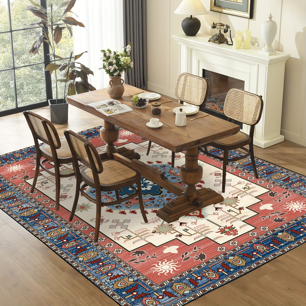 Machine Washable Rug with Non-Slip, Blue Area Rug, Vintage Boho Area Rug for Living Room Bedroom Dining Home Office Rugs