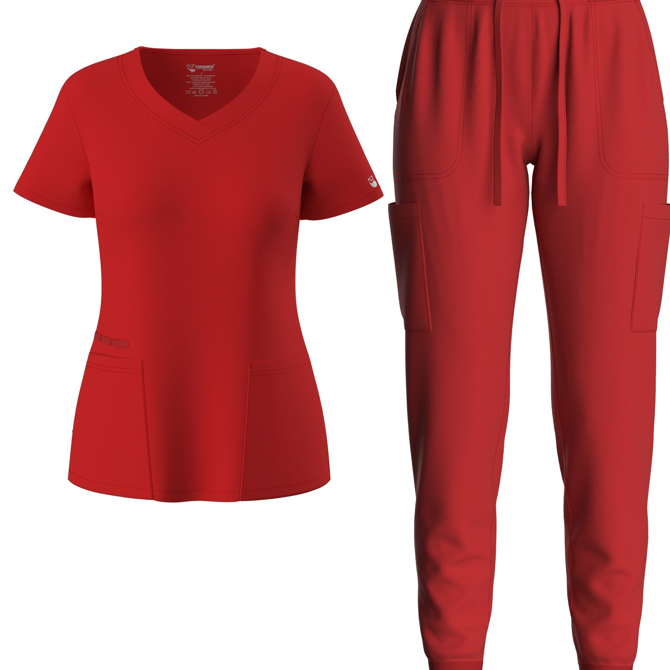 two-piece Elegant Two-Piece Scrub Set for Women: Short Sleeve V Neck Top & Drawstring Pants