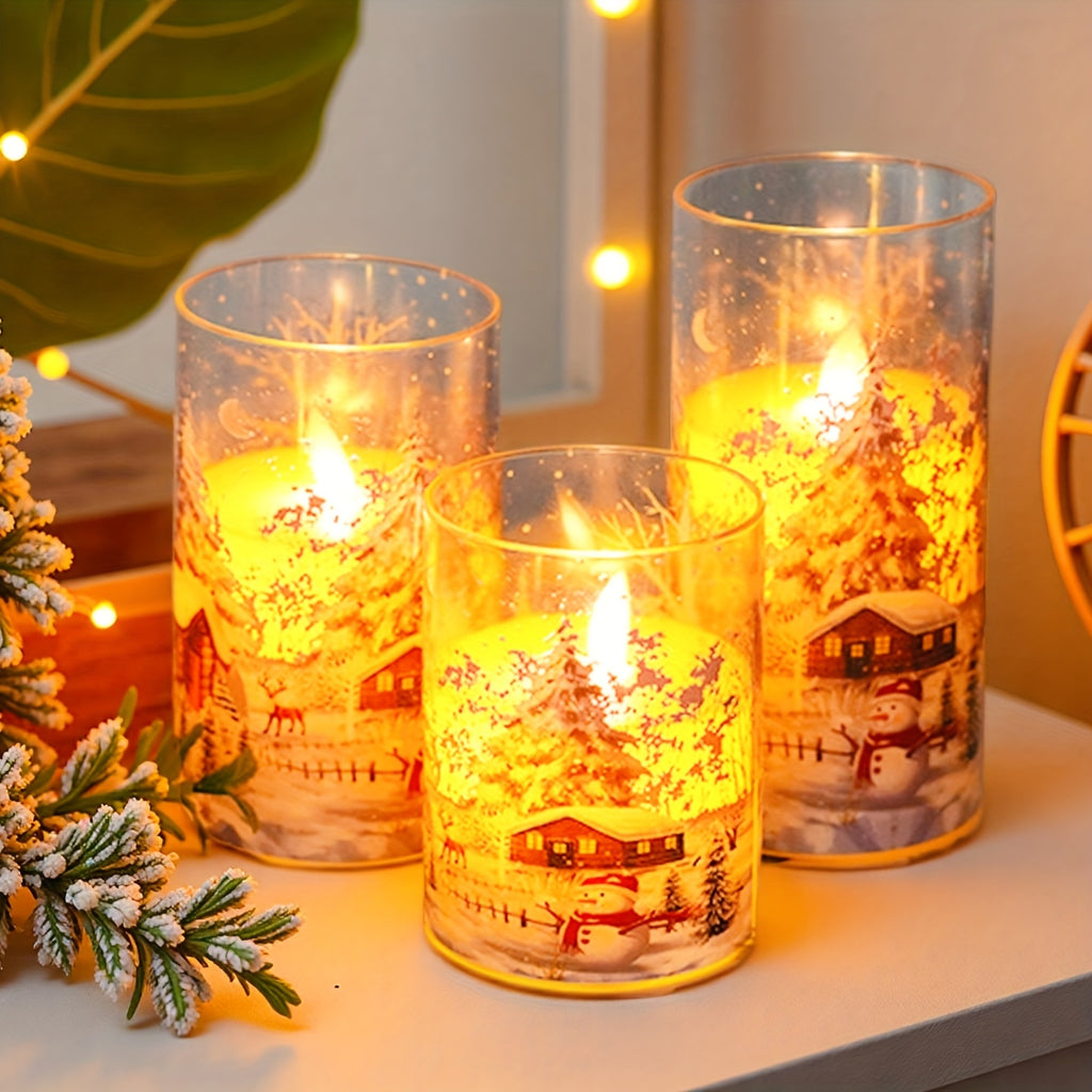 3pcs Flameless Led Pillar Candles With Christmas Snow Scene Design, Flickering Warm Light, Battery Operated Decorative Candles With Snowman Patterns, Perfect For Christmas Decoration, Table Centerpiece, Home Decor, Gift Idea,