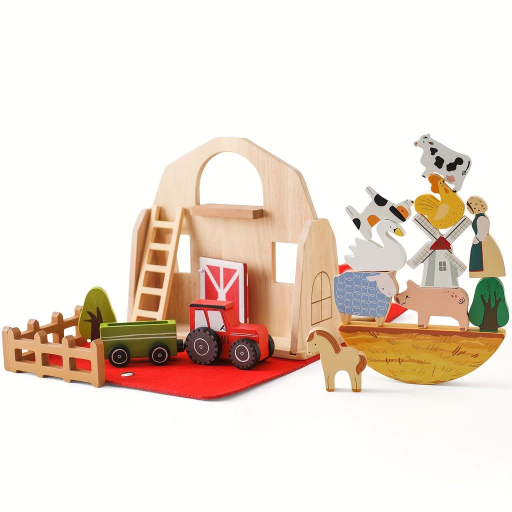 18pcs Farm Animals Barn Toys, Wooden Montessori Stacking For Toddlers Red Barn Toys Little People Farm Animal Toys Farm Pretend Playset With Barn & Farmer, halloween, christmas gift