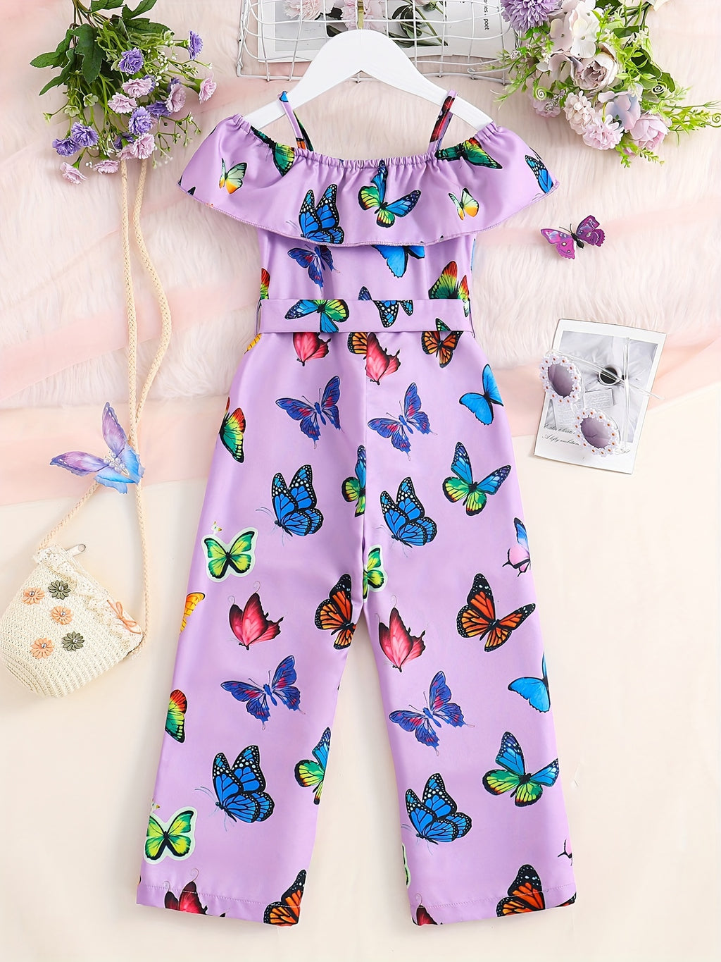 Trendy Girls' Butterfly Romper with Ruffles and Belt - Perfect for Summer!