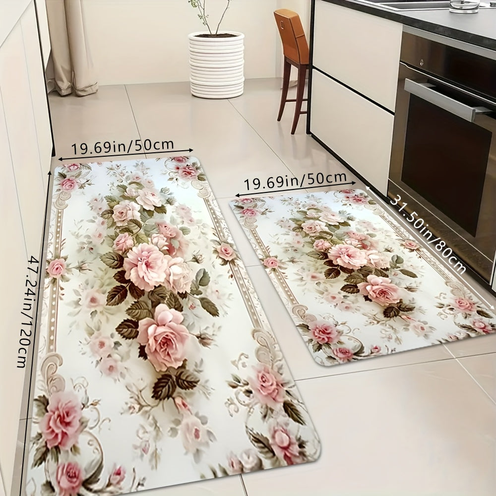 Set of 2 Or 3pcs, Soft Sponge Absorbent Non-Slip Kitchen Rugs with Pink Floral Designs for Spring And Summer, Machine Washable Bathroom Mat Set, Suitable for Bedroom, Kitchen, Living Room, And Bathroom Entryway Mats, Versatil