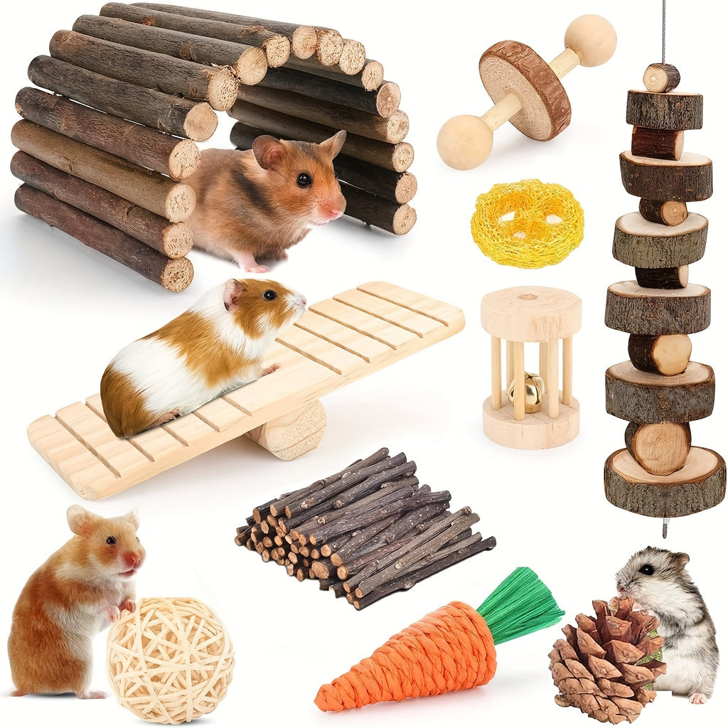 Hamster Cage Accessories, 50pcs Chew Toys for Guinea Pig, Chinchillas, Gerbils, Mice, Rats, Mouse, Rabbit, Bunny Hideout Seesaw, Natural Molar Tools