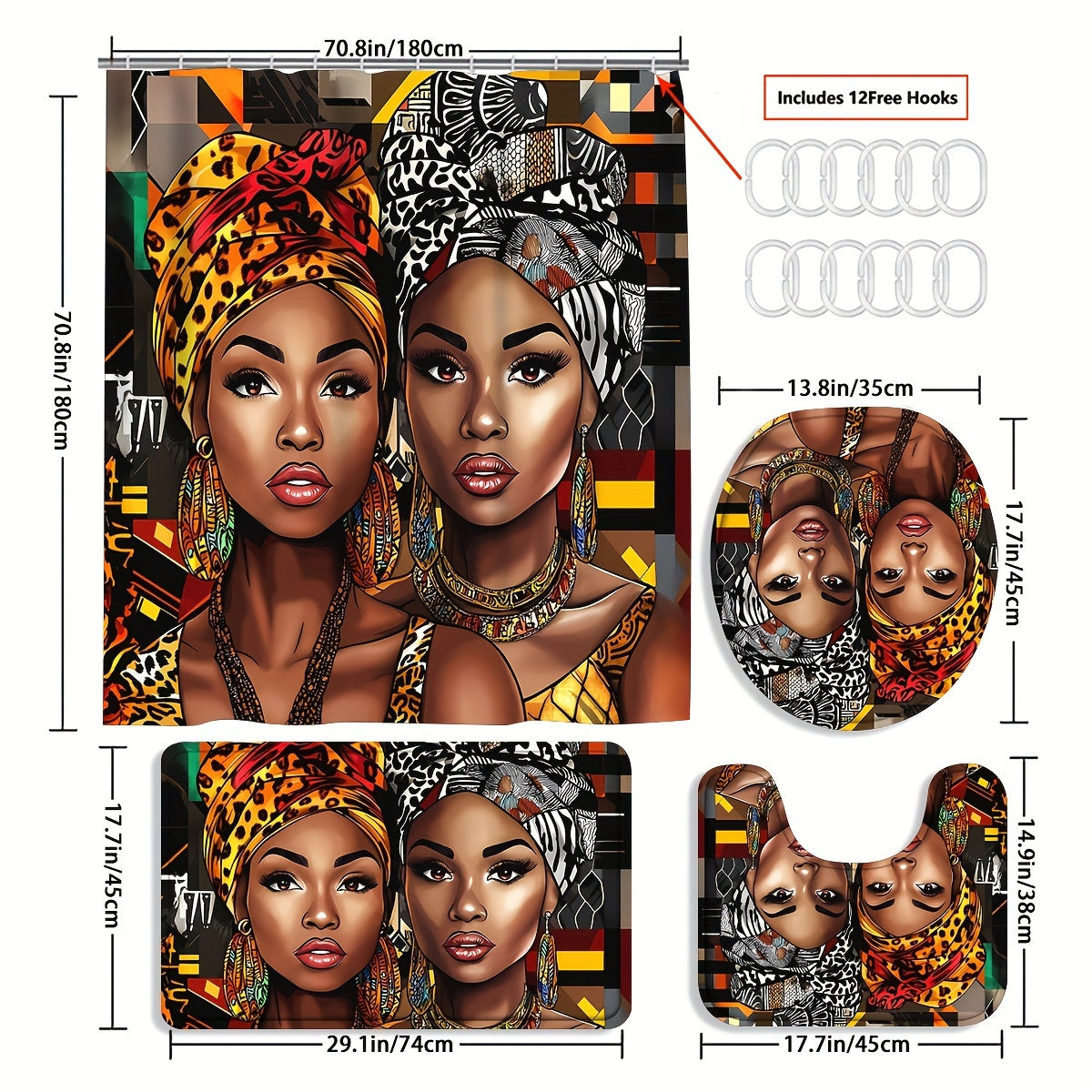 4pcs/1pc African American Woman Shower Curtain Set, Bathroom Curtain With Hooks, Non-Slip Rugs, Toilet U-Shape Mat, Seat Cover, Machine Washable Bathroom Decoration Accessories, African Theme Black Shower Curtain Gift For Wom