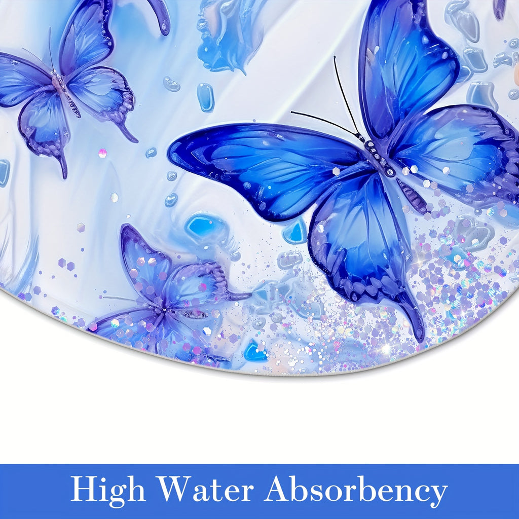 4 Pcs Blue Floral Butterfly Bathroom Sets With Shower Curtain And Rugs, Spring Shower Curtain Sets With Rugs For Modern Bathroom Decor, Sparkling Bathroom Sets With Rugs And Accessories