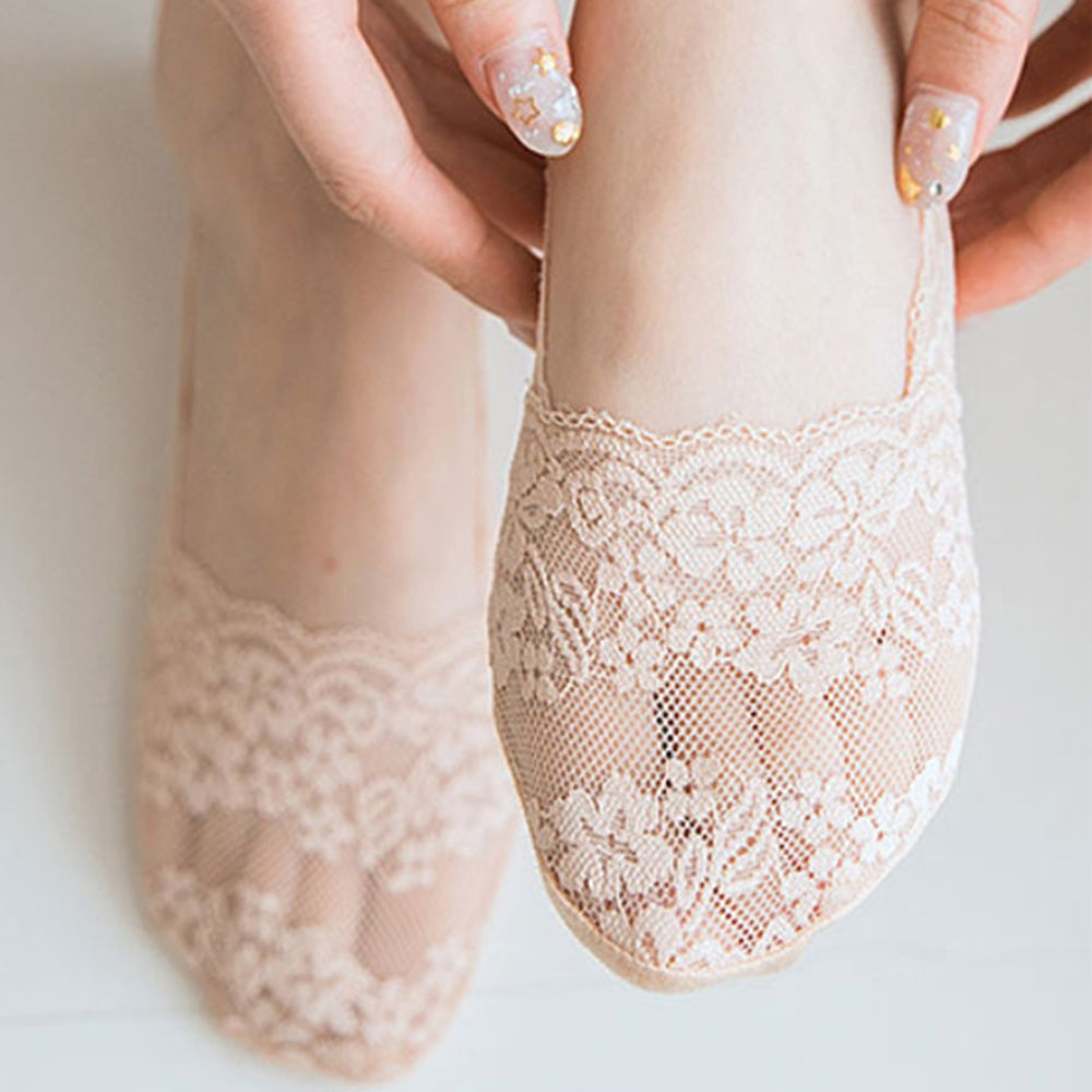[Breathable Ankle Socks] 5 Pairs Women's Lace Trim No-Show Ankle Socks | Breathable Fabric, Floral & Solid Color Options, Low-Cut Invisible Socks for Casual & Formal Wear