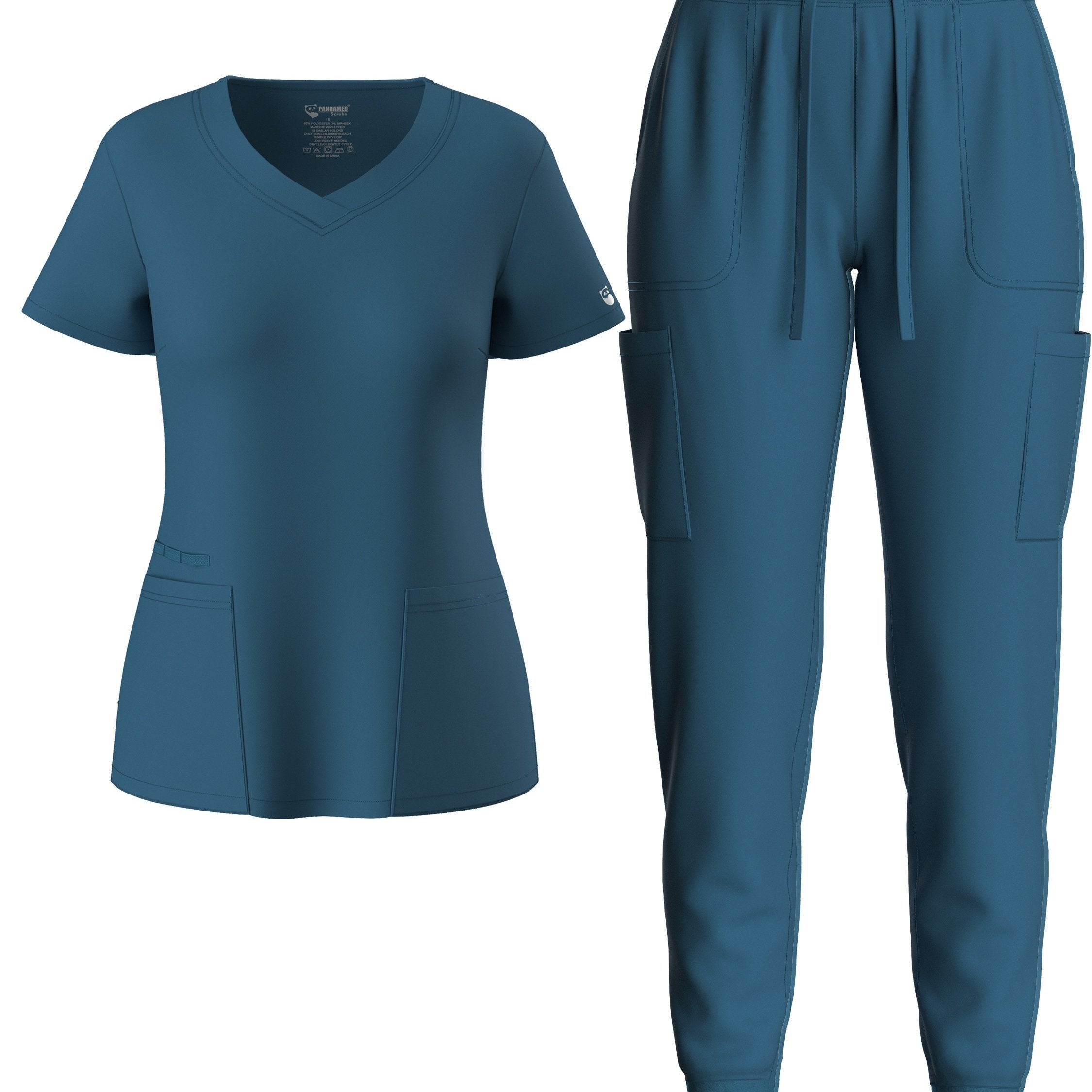 two-piece Elegant Two-Piece Scrub Set for Women: Short Sleeve V Neck Top & Drawstring Pants
