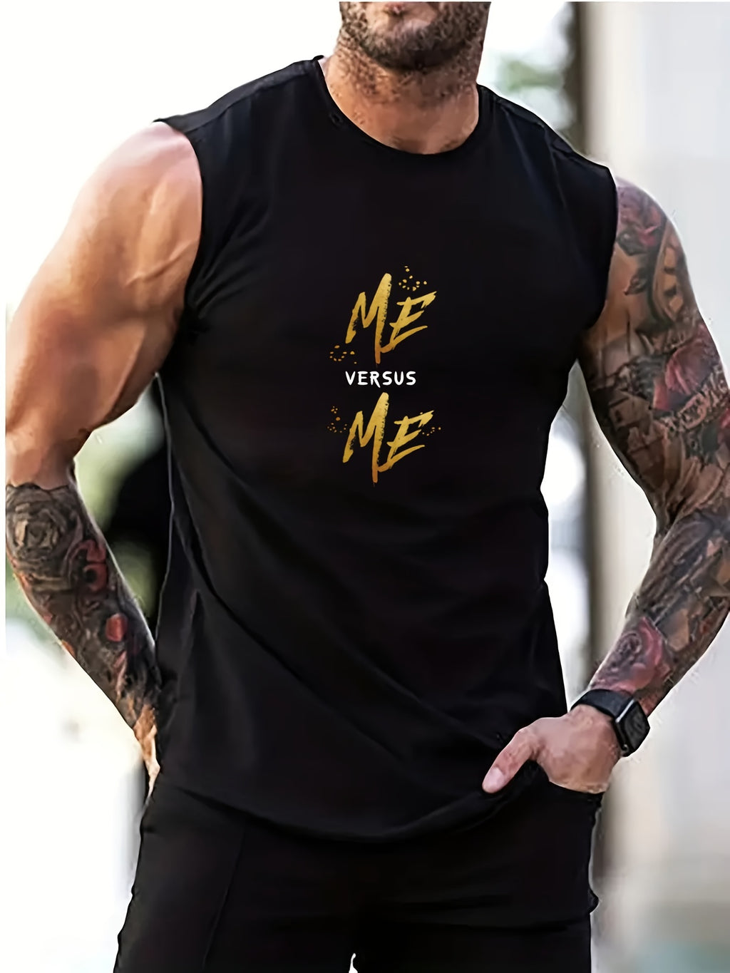 ME VERSUS ME' Round Neck Cotton Graphic Vest, Casual Sports Sleeveless Tank Tops, Men's Summer Clothing