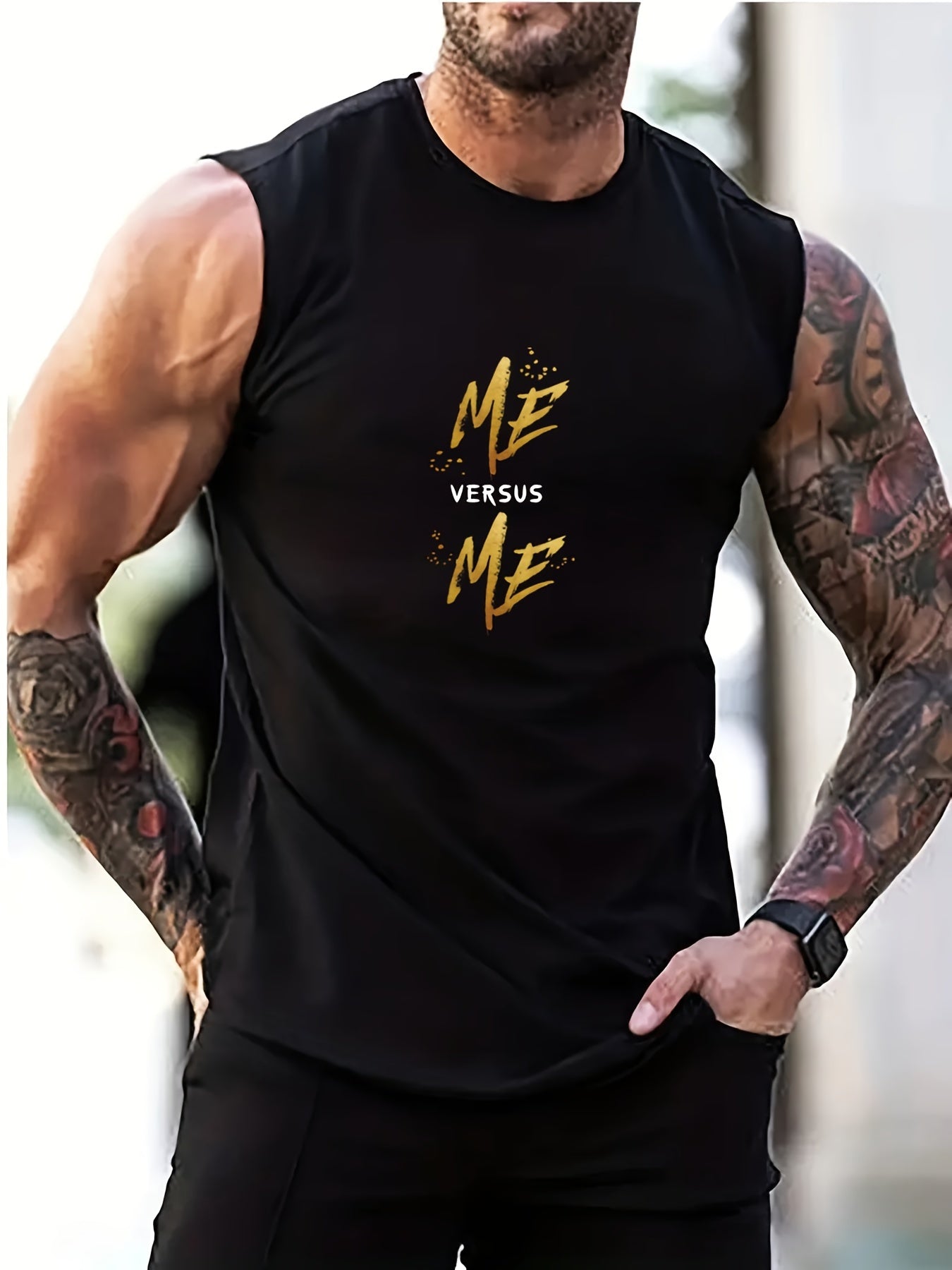 ME VERSUS ME' Round Neck Cotton Graphic Vest, Casual Sports Sleeveless Tank Tops, Men's Summer Clothing