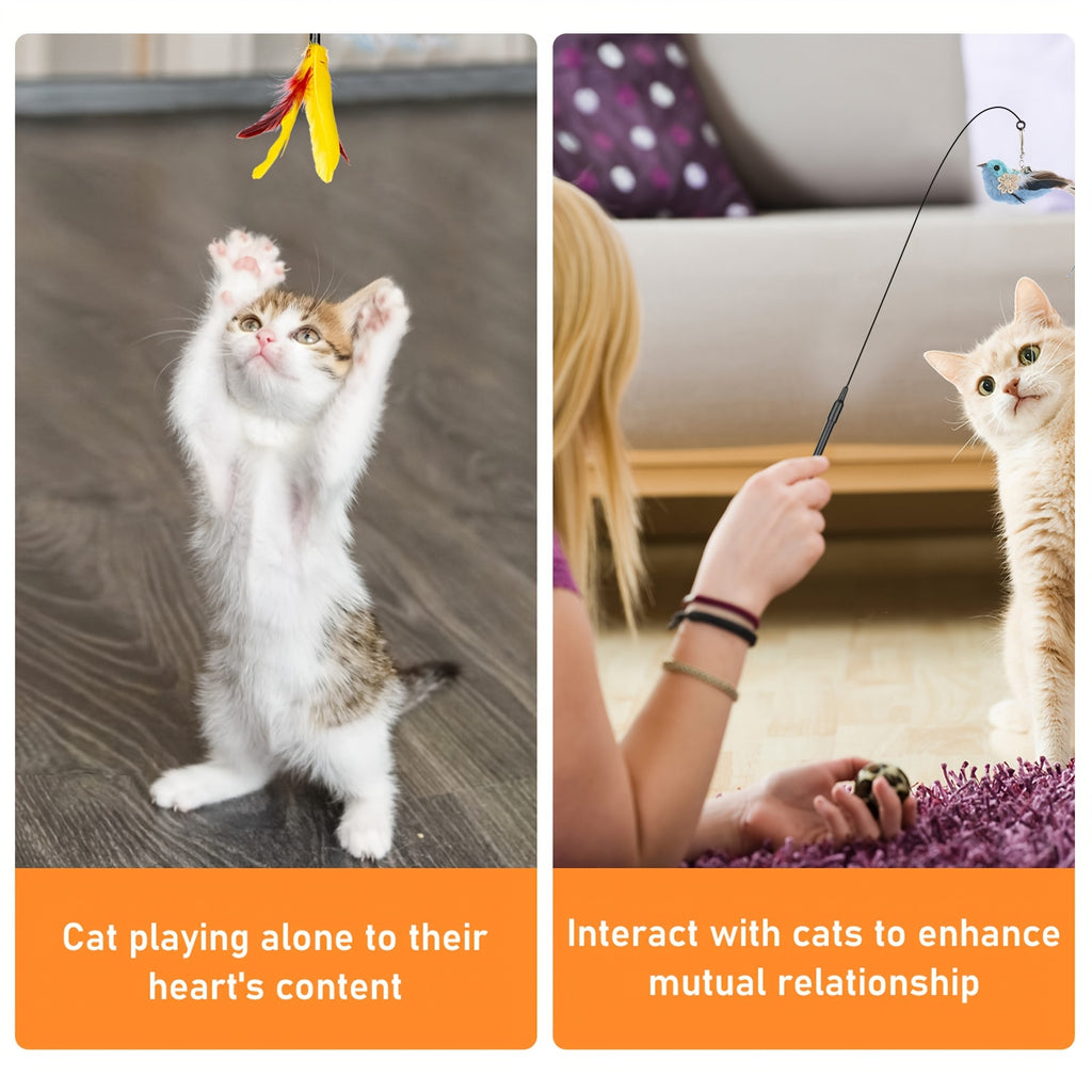 Cat Feather Toys, 10PCS Cat Toys with Super Suction Cup, Detachable 2PCS Cat Wand Toys & 6PCS Replacement Teaser Refills with Bell, Interactive Cat Toy for Indoor Cats Kitten Play Exercise