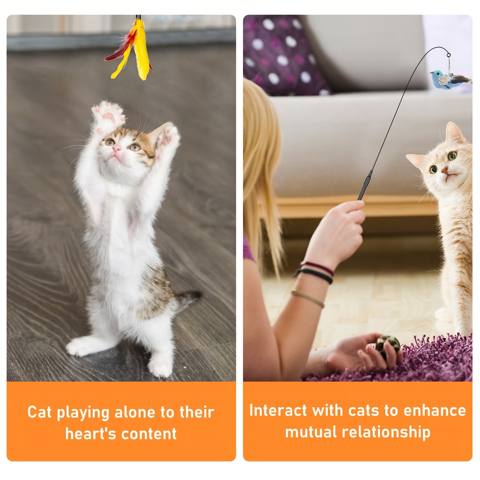 Cat Feather Toys, 10PCS Cat Toys with Super Suction Cup, Detachable 2PCS Cat Wand Toys & 6PCS Replacement Teaser Refills with Bell, Interactive Cat Toy for Indoor Cats Kitten Play Exercise
