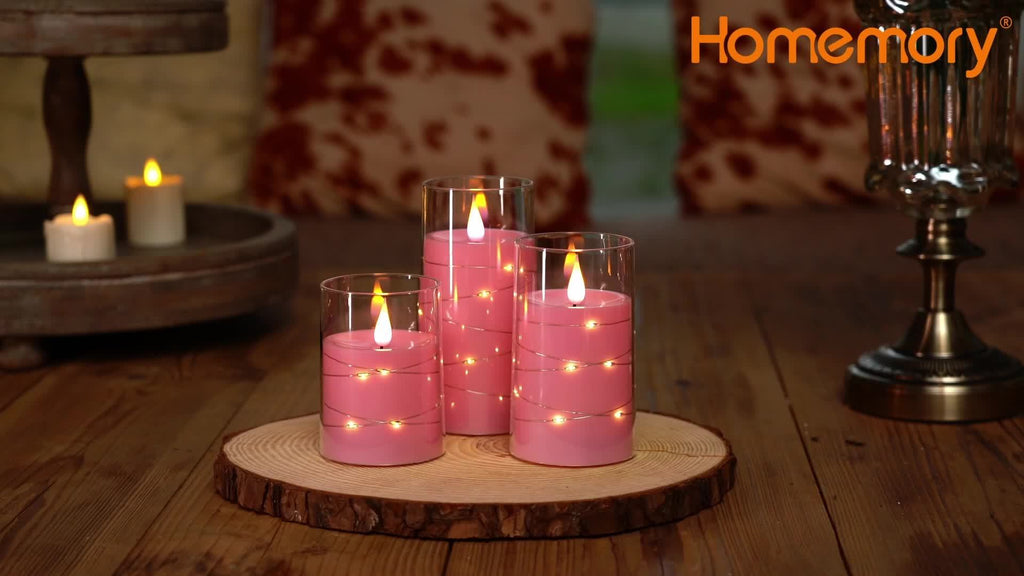 [Romantic Flameless LED Candles] 3pcs Realistic Flameless LED Candles with Remote & String Lights - 2D Flat, Battery Operated Flameless Candle Lights, Pink Table Centerpieces for Wedding, Christmas, Valentine's, Party Decor -