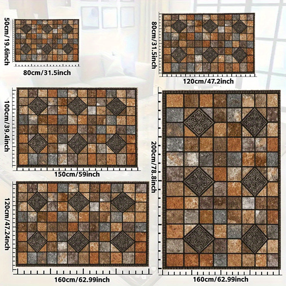 Area Rugs for The Living Room Featuring a Standard Elegant Retro Patchwork Design in Brown Geometric Patterns, Embodying Classic Chinese Style, Easy to Clean, Suitable for Outdoor Use, Courtyards, Rvs, And Picnics in Spring A