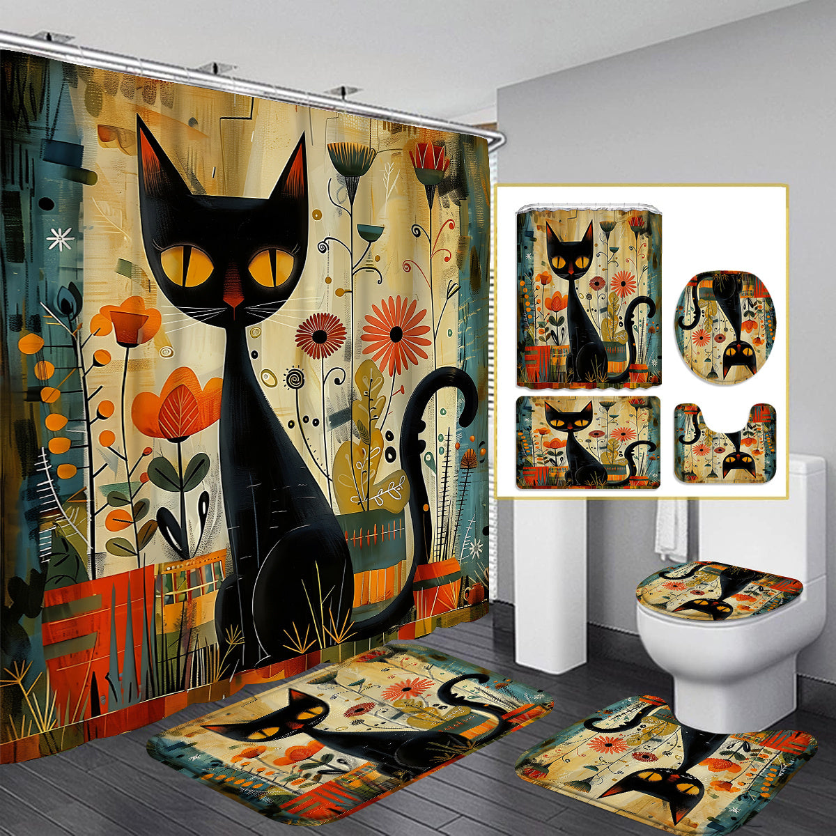 4pcs Black Cat Arts Theme Bathroom Set, Water-Resistant Polyester Shower Curtain with Non-Slip Rugs and Hooks, Woven Knit Fabric, All-Season Decor, Easy Wipe Clean