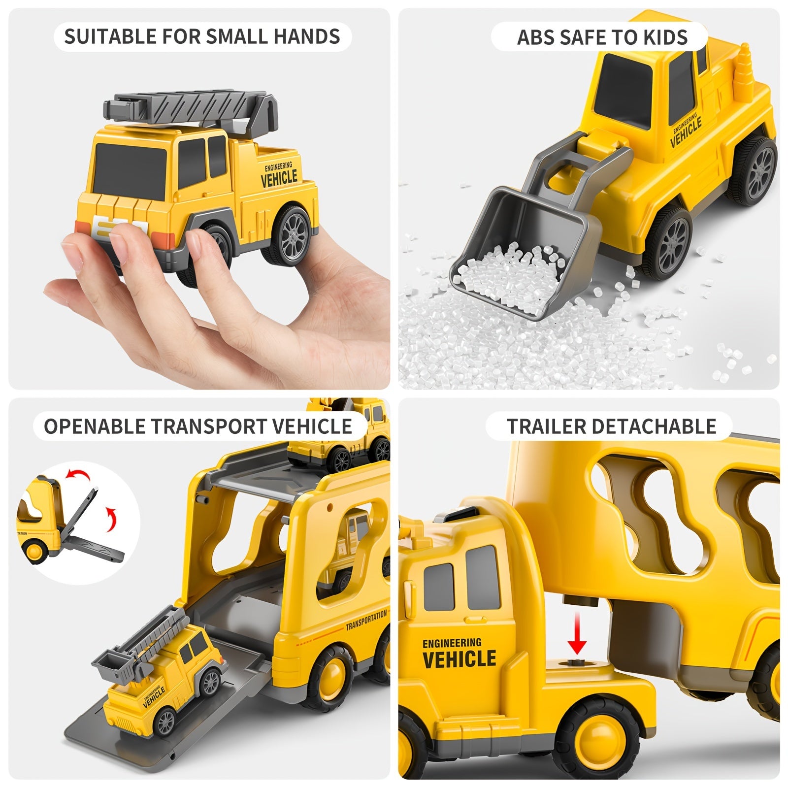BABY HOME 5-in-1 Construction Vehicle Transport Truck Carrier Set, Durable Plastic Toys for Boys & Girls Ages 3-7, Perfect Christmas Birthday Gift