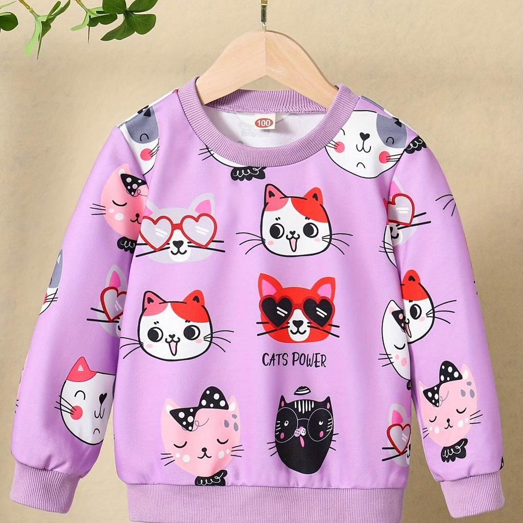 Girls' Cute Cat Print Sweatshirt - Pastel Pink with & Cat Design, Soft Round Neck Long Sleeve Top for Everyday & Special Occasions